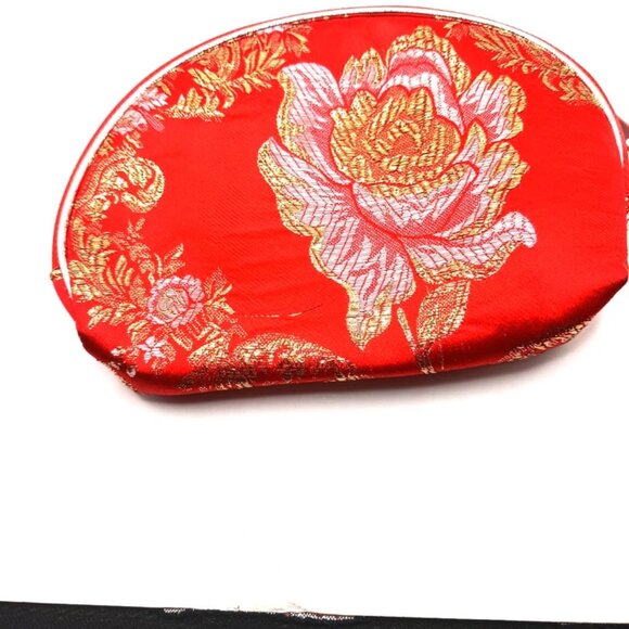 Red Womens Small Zippered Wallet - Purse Chinese Satin Floral 4x 5 - Picture 3 of 6